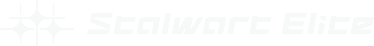 左方有喬彥科技LOGO由3個類似發亮圖案的十字組成,右方寫著Stalwart Elite喬彥的英文名稱,顏色為白色。