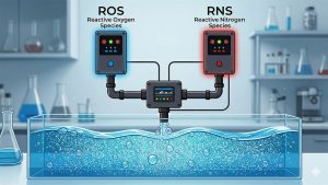 實驗室背景的科學插圖,上方有代表 ROS(Reactive Oxygen Species)的藍色控制盒與 RNS(Reactive Nitrogen Species)的紅色控制盒,兩者管線匯集至中央控制儀器,並向下方充滿氣泡的藍色水槽注入液體。