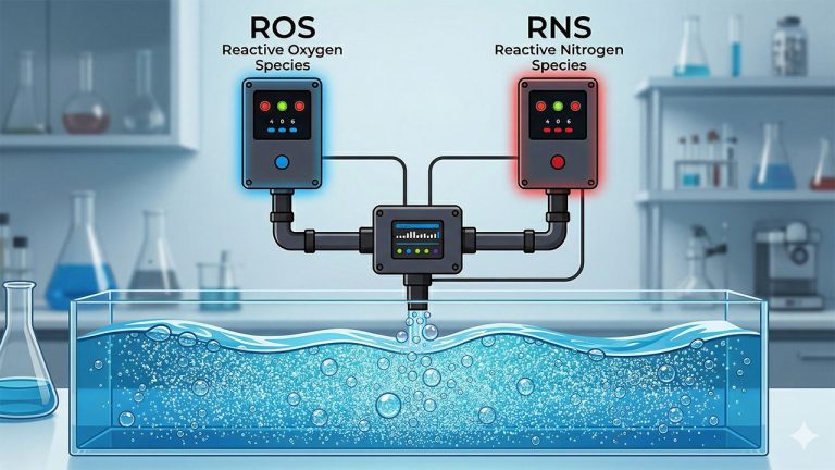 實驗室背景的科學插圖,上方有代表 ROS(Reactive Oxygen Species)的藍色控制盒與 RNS(Reactive Nitrogen Species)的紅色控制盒,兩者管線匯集至中央控制儀器,並向下方充滿氣泡的藍色水槽注入液體。
