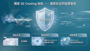 介紹獨家 SE-Coating 技術安全防護、舒適體感、ISO 10993-5 與 RoHS 認證的科技感宣傳圖。