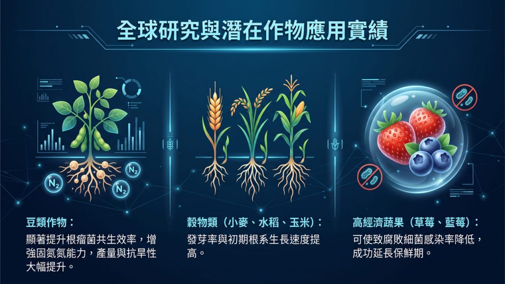 冷電漿全球研究與潛在應用實績圖。左側為豆類作物（提升根瘤菌共生、固氮能力、產量與抗旱性）；中間為穀物類如小麥、水稻、玉米（提高發芽率與初期根系生長速度）；右側為高經濟蔬果如草莓、藍莓（降低致腐敗細菌感染率、延長保鮮期）。
