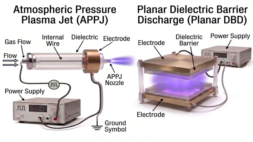 低溫電漿裝置構造對比圖。左側為大氣電漿噴流（APPJ），詳細標註氣流（Gas Flow）、內部導線（Internal Wire）、介電質管（Dielectric）、電極（Electrode）、電源供應器（Power Supply）、接地符號（Ground Symbol）及噴嘴（APPJ Nozzle）噴出的紫色電漿；右側為平板式介電質障壁放電（Planar DBD），標註上下電極（Electrode）、介電層（Dielectric Barrier）、電源供應器（Power Supply）及內部發出的均勻紫色電漿。