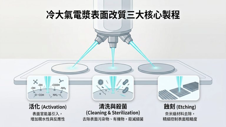 冷大氣電漿表面改質三大核心製程資訊圖表，包含：1. 活化（Activation）增加表面能並形成活性基團；2. 清洗與殺菌（Cleaning & Sterilization）移除表面污染物與微生物；3. 蝕刻（Etching）選擇性去除表面材料以增加粗糙度。中央展示電漿噴槍對材料進行表面處理的科技感示意圖。