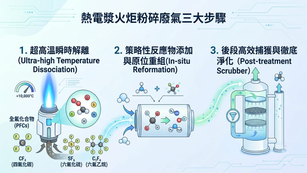 熱電漿火炬粉碎廢氣三大步驟資訊圖表。主要針對全氟化合物（PFCs）如四氟化碳（CF4）、六氟化硫（SF6）、六氟乙烷（C2F6）進行處理。步驟包含：1. 超高溫瞬時解離（溫度大於10,000°C）；2. 策略性反應物添加與原位重組（In-situ Reformation）；3. 後段高效捕獲與徹底淨化（Post-treatment Scrubber 洗滌塔）。展示工業廢氣從電漿火炬高溫裂解到最終淨化排放的完整流程。