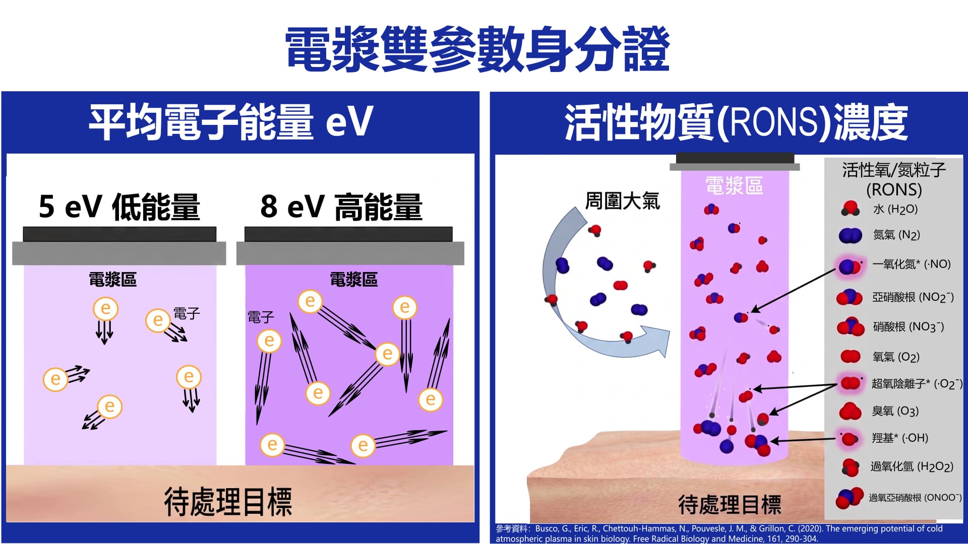 冷電漿雙參數身分證圖示：參數一為冷電漿平均電子能量eV，第二個參數為冷電漿產生之活性例子種類、數量與空間分布，兩者為衡量冷電漿能量與安性的重要指標。